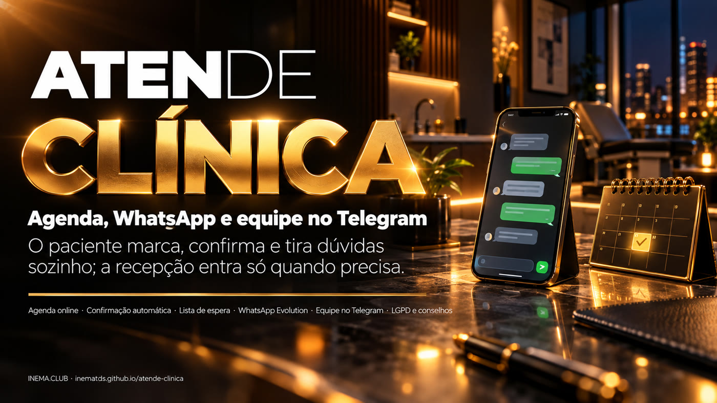 Banner do Atende Clínica: agenda, WhatsApp e equipe no Telegram
