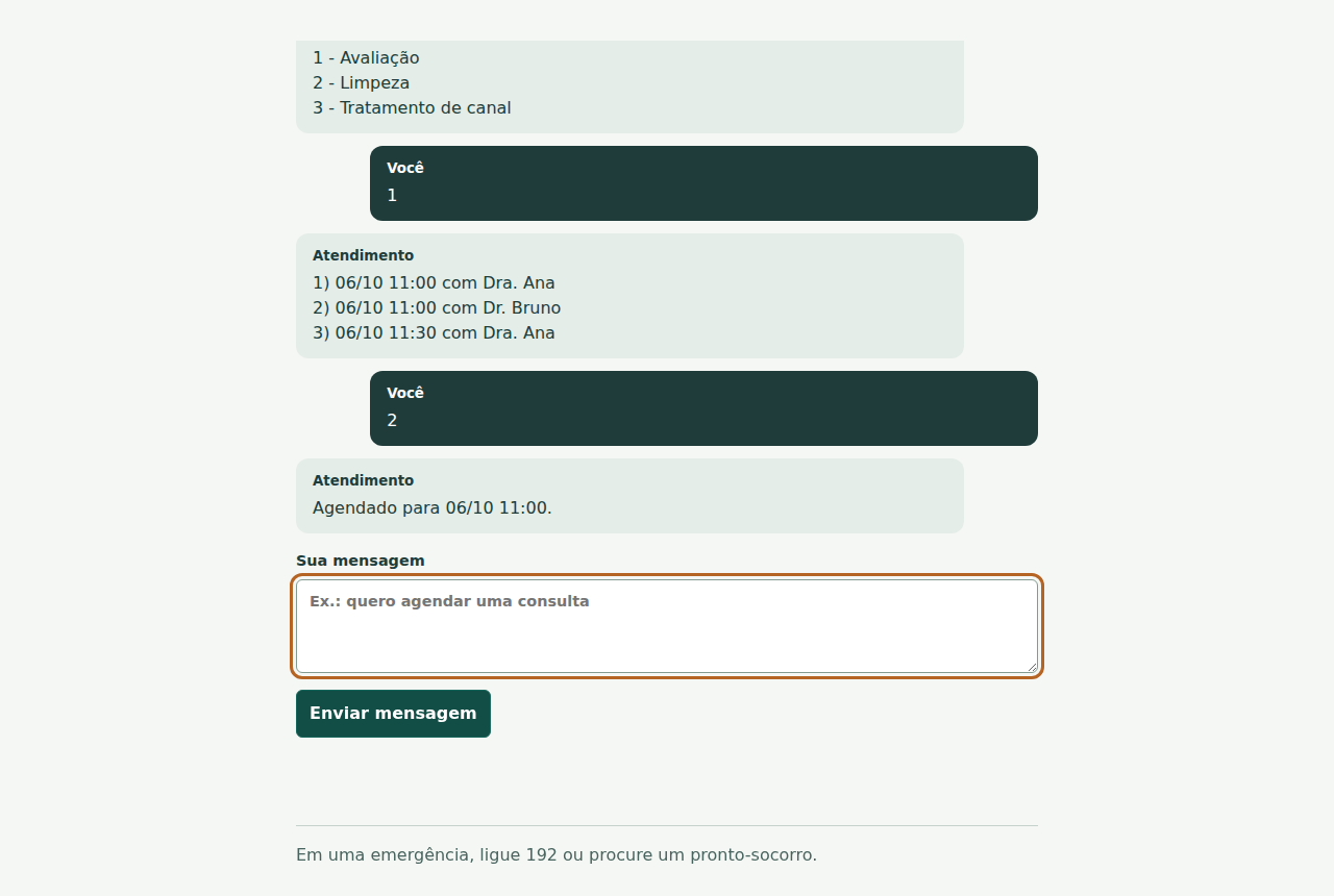 Chat do paciente oferecendo três horários e confirmando o agendamento