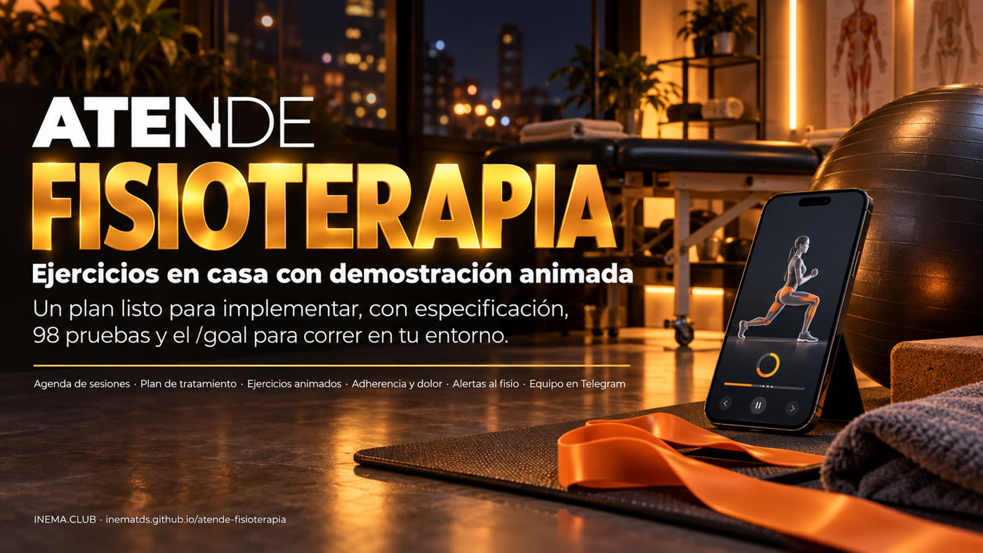 Banner de Atende Fisioterapia: plan de tratamiento, ejercicios animados, recordatorio, adherencia y dolor, y equipo en Telegram