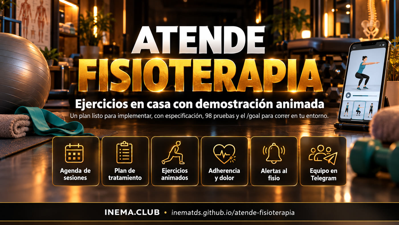 Plan de tratamiento con alerta de abandono, ejercicios domiciliarios animados, recordatorio opt-in, adherencia y dolor, alerta clínica con 192, LGPD de datos de salud y equipo en Telegram