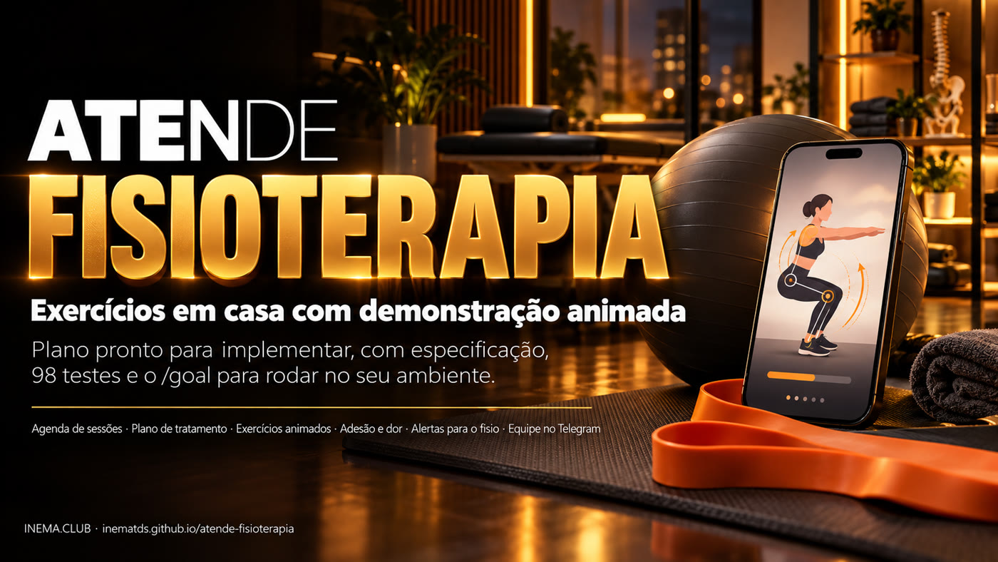 Banner do Atende Fisioterapia: plano de tratamento, exercícios animados, lembrete, adesão e dor, e equipe no Telegram