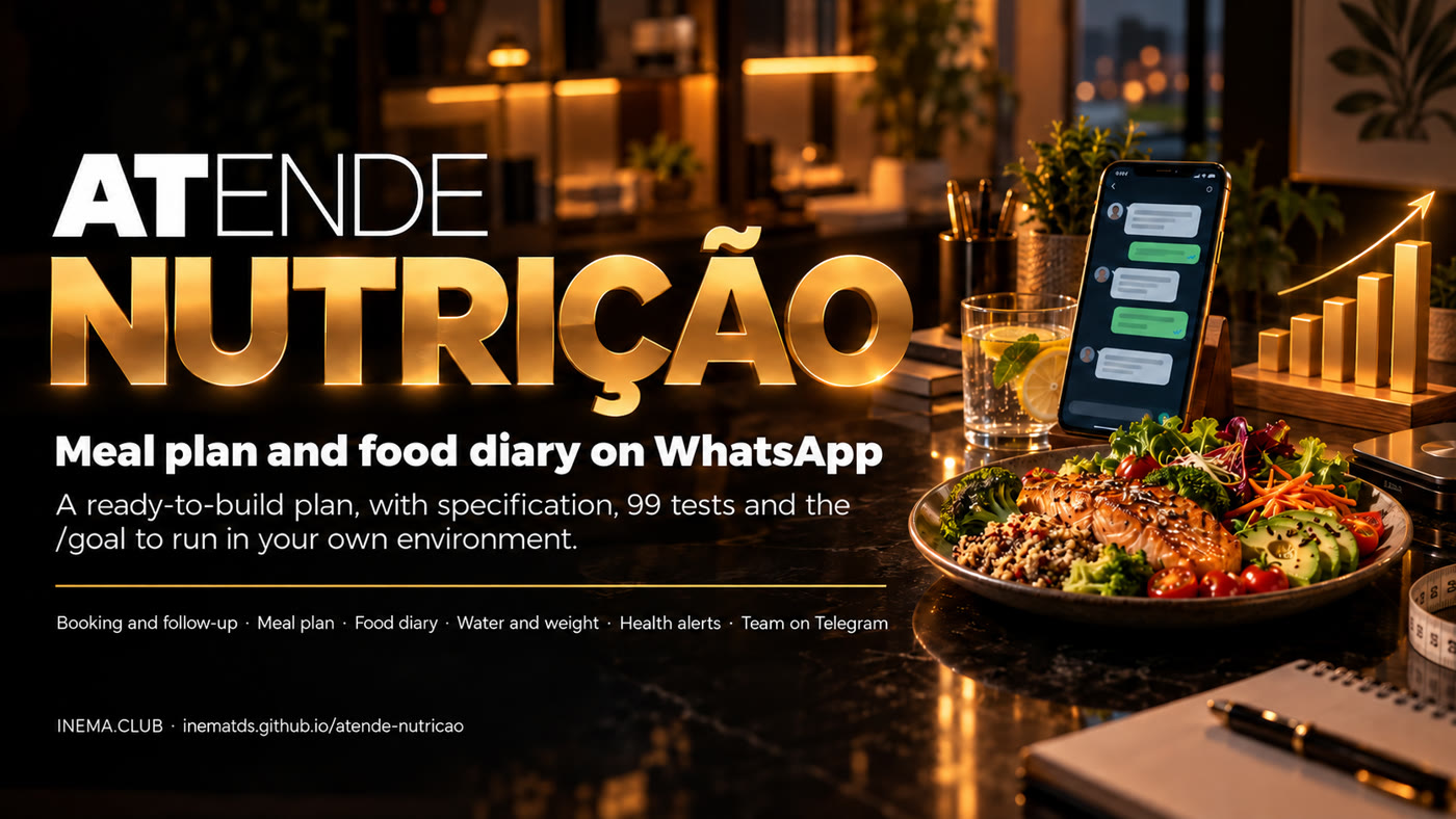 Atende Nutrição banner: in-person and online scheduling, meal plan, diary, opt-in reminders and a Telegram team desk
