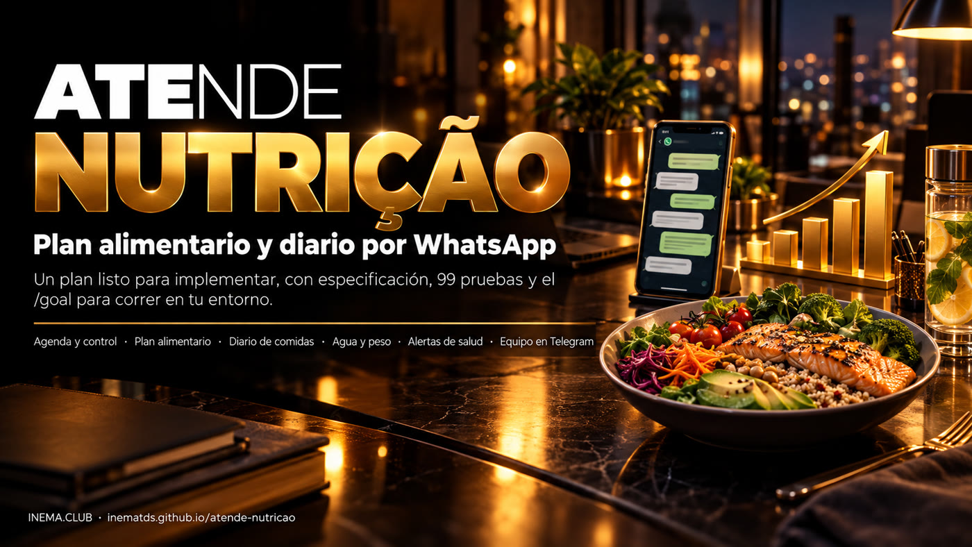 Banner de Atende Nutrição: agenda presencial y en línea, plan alimentario, diario, recordatorios opt-in y equipo en Telegram
