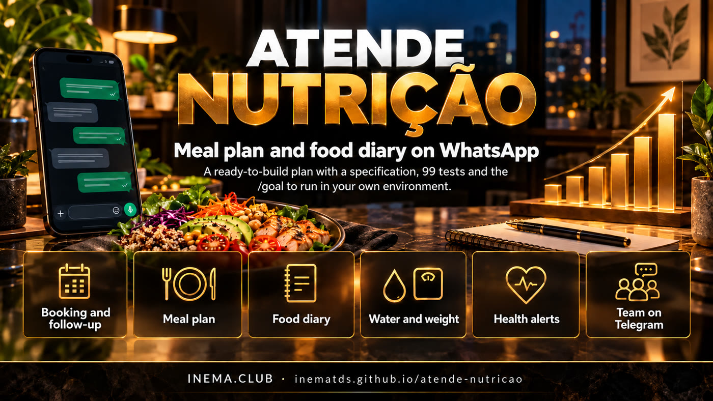 In-person and online scheduling, versioned meal plan, diary of meals, water and weight, opt-in reminders, 192 and 188 alerts, health-data privacy and a Telegram team desk