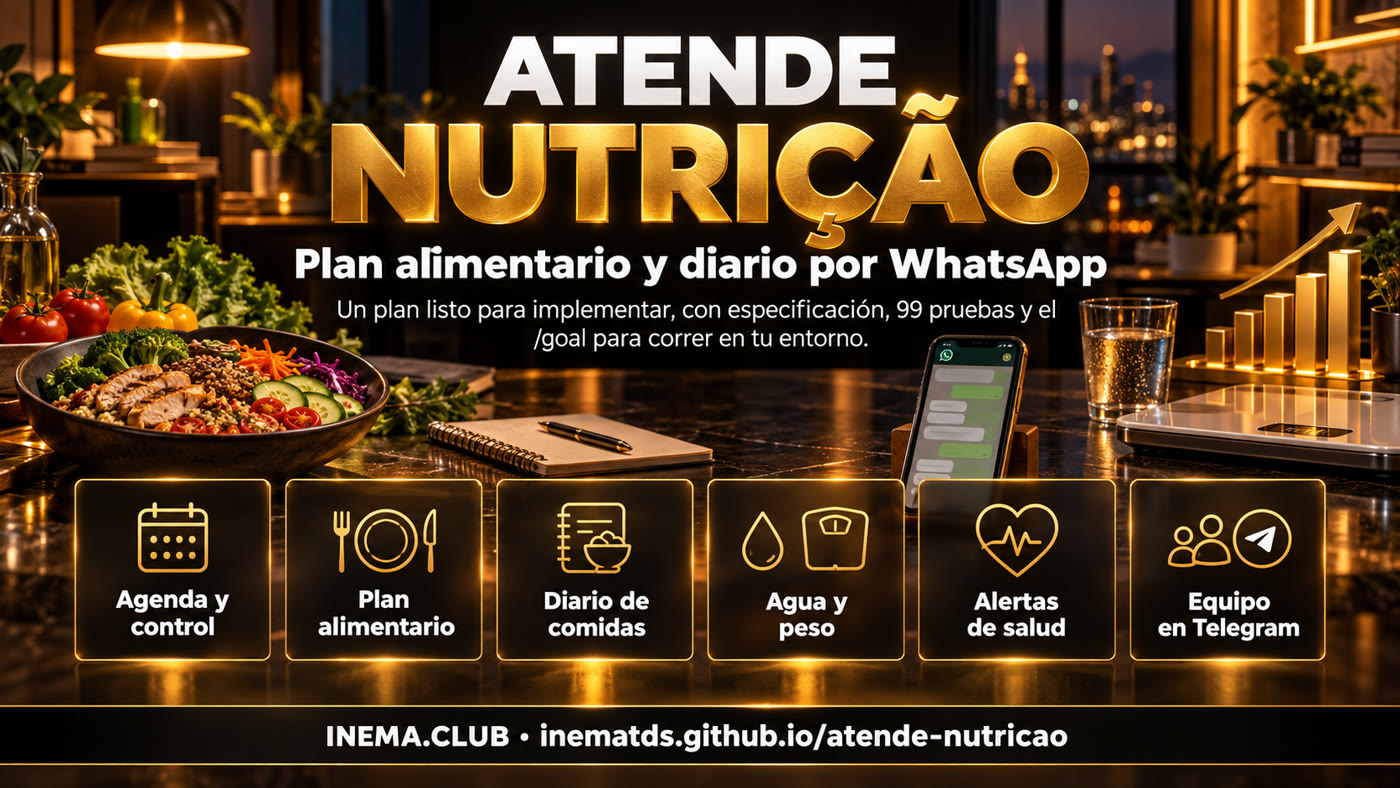 Agenda presencial y en línea, plan alimentario con versiones, diario de comidas, agua y peso, recordatorios opt-in, alertas 192 y 188, privacidad de datos de salud y equipo en Telegram