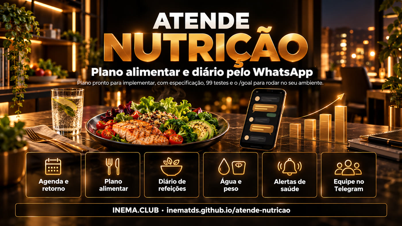Agenda presencial e online, plano alimentar com versões, diário de refeições, água e peso, lembretes opt-in, alertas 192 e 188, LGPD de dado de saúde e equipe no Telegram