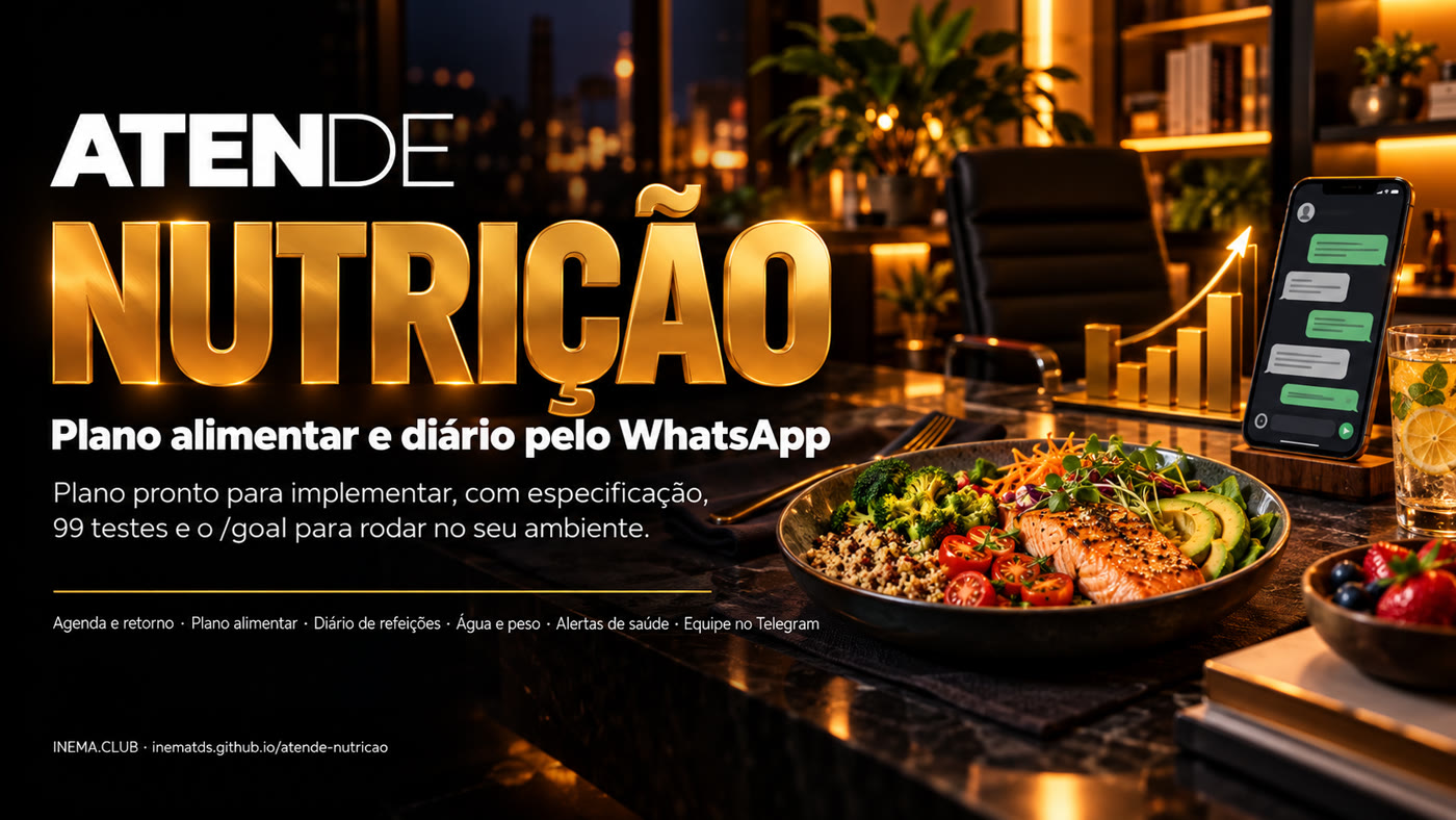 Banner do Atende Nutrição: agenda presencial e online, plano alimentar, diário, lembretes opt-in e equipe no Telegram