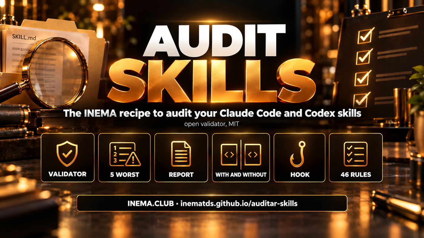 Audit Skills banner: validator, 5 worst, report, with and without, hook, 46 rules