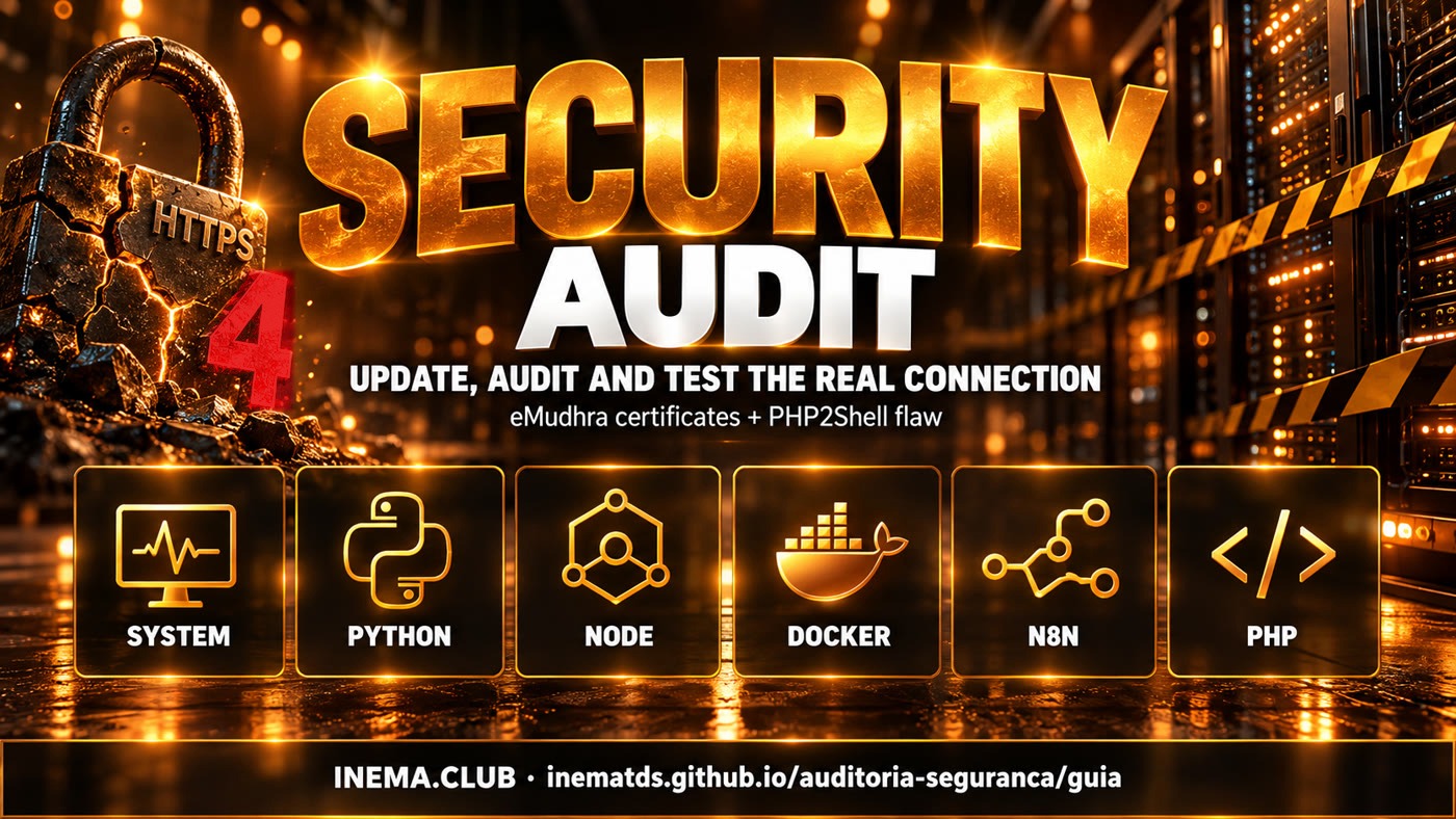 Security audit: update, audit, and test the real connection — system, Python, Node, Docker, n8n, PHP
