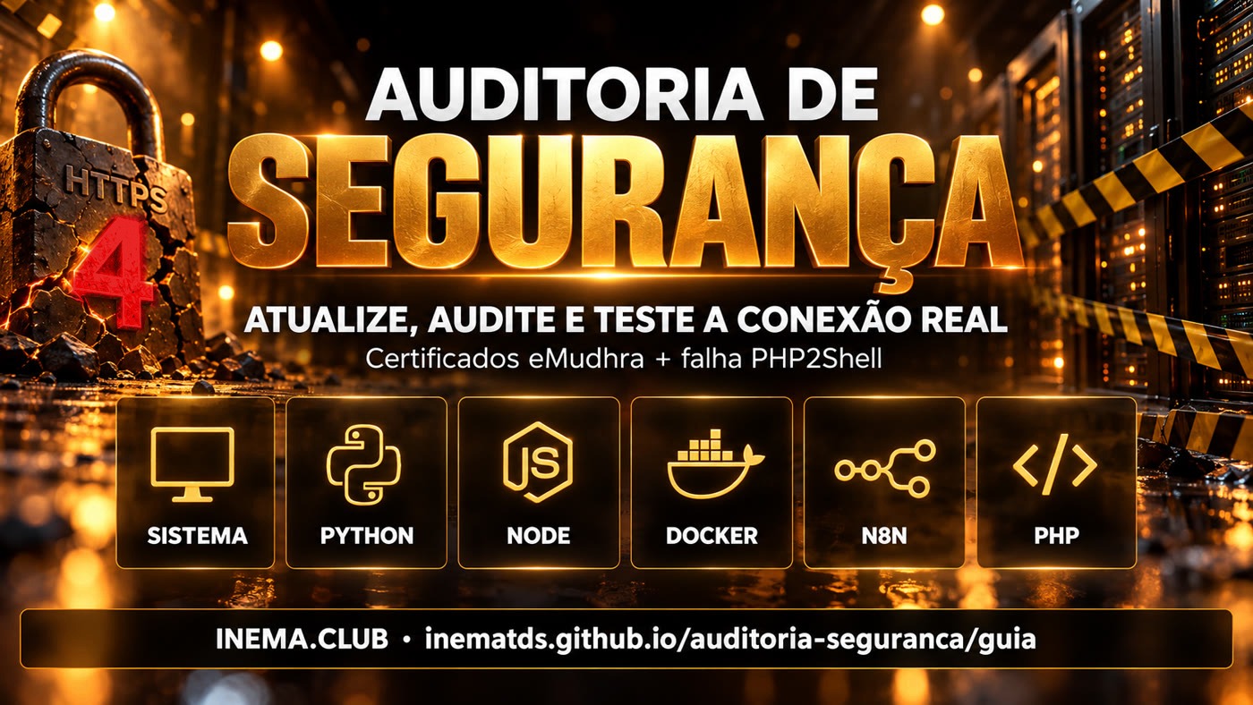 Auditoria de segurança: atualize, audite e teste a conexão real — sistema, Python, Node, Docker, n8n, PHP