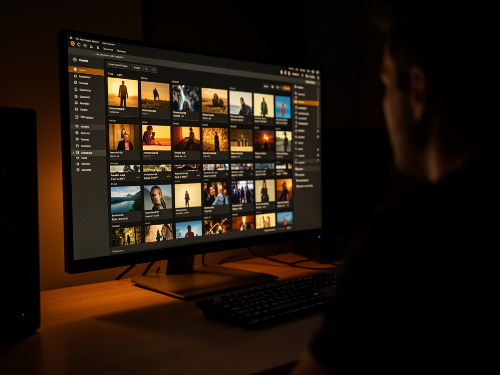 Estação de trabalho num quarto escuro, com um monitor exibindo uma grade de imagens geradas em painéis iluminados de âmbar