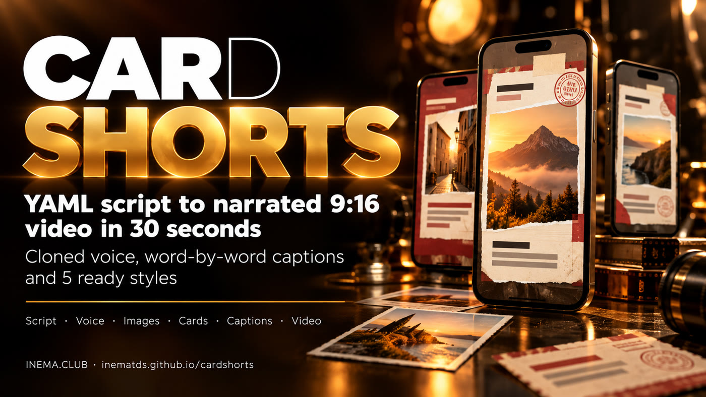 cardshorts banner: a YAML script becomes a narrated 9:16 video