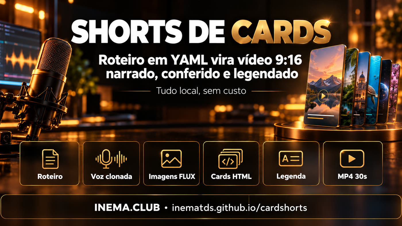 Etapas do cardshorts: roteiro, voz, imagens, cards, legenda e vídeo