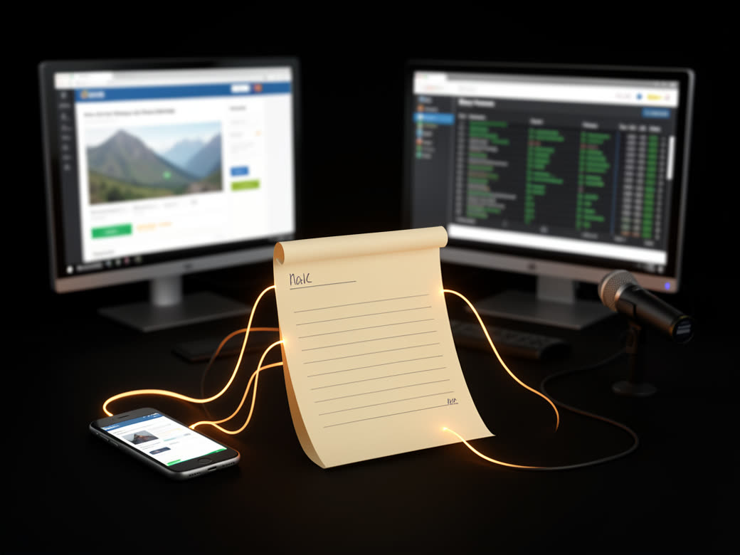 Uma pasta de anotações ligada por fios de luz a um celular, monitores e microfone