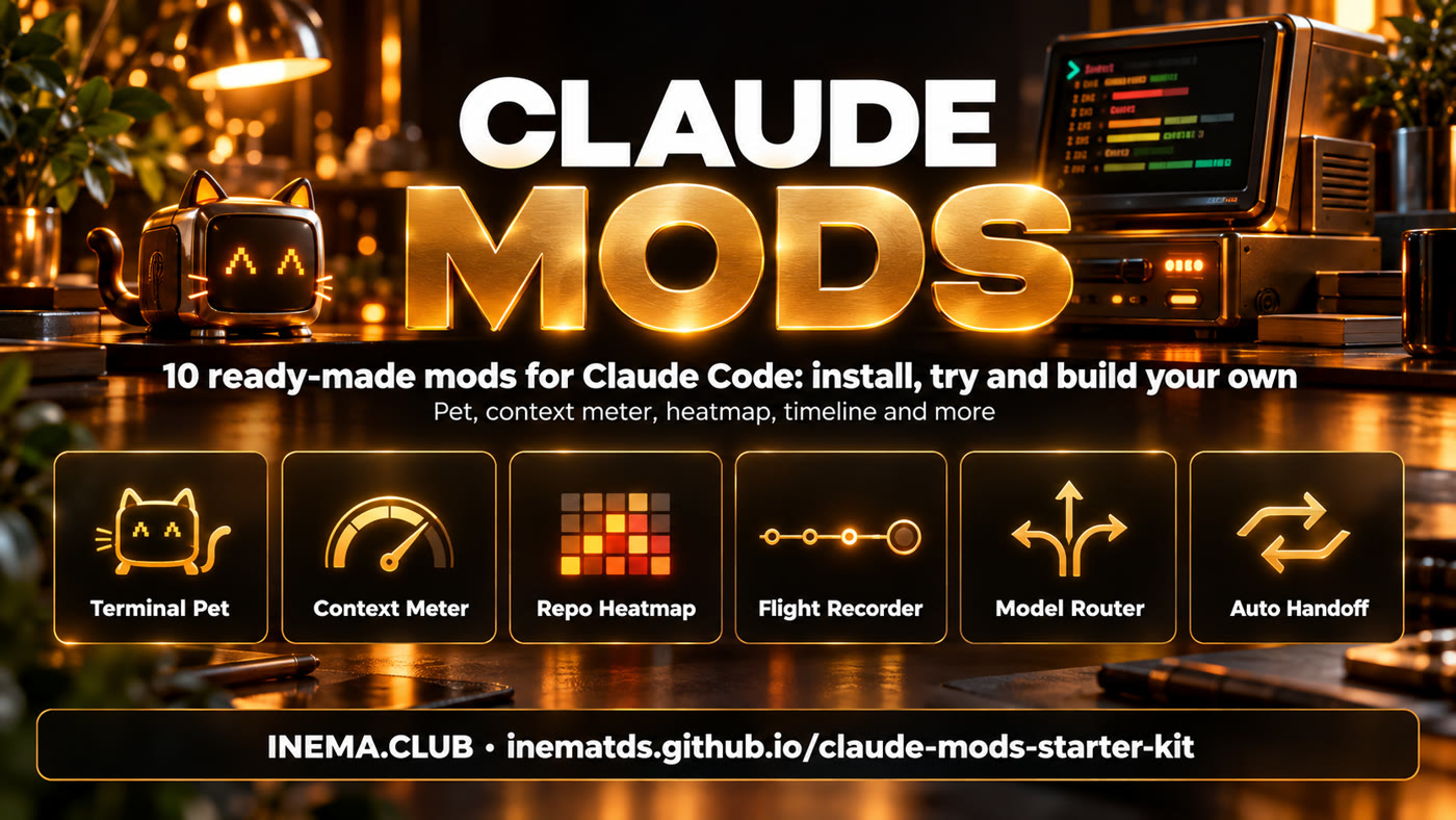 The kit's mods: Terminal Pet, Context Meter, Repo Heatmap, Flight Recorder, Model Router, Auto Handoff