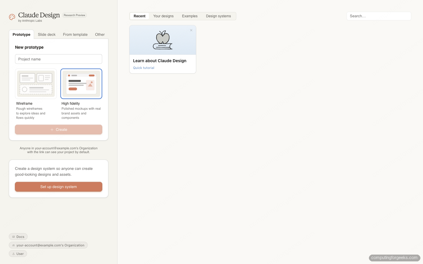 Homepage do Claude Design com tabs Prototype/Slide deck/From template/Other