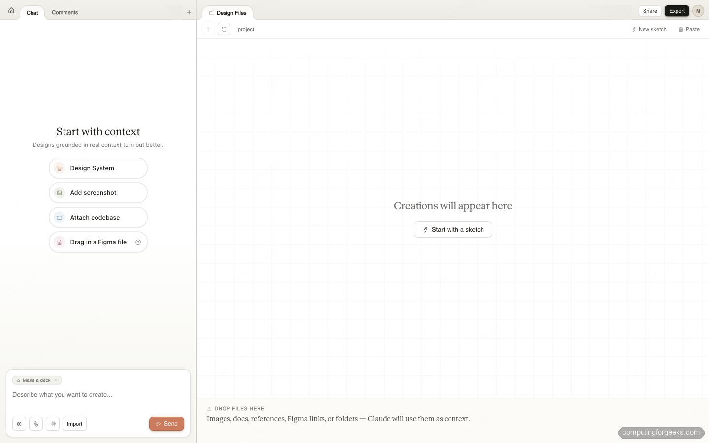 Workspace vazio com Start with context panel