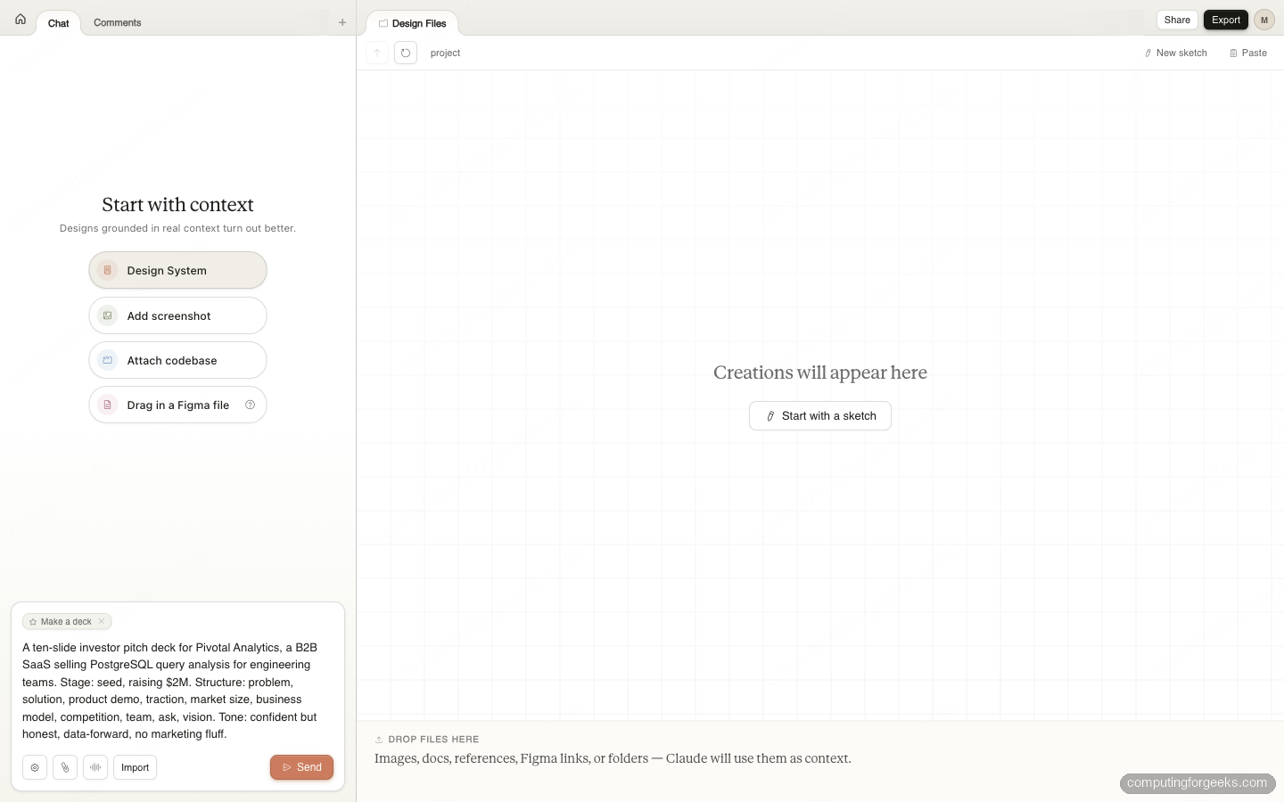 Prompt completo digitado para criar pitch deck