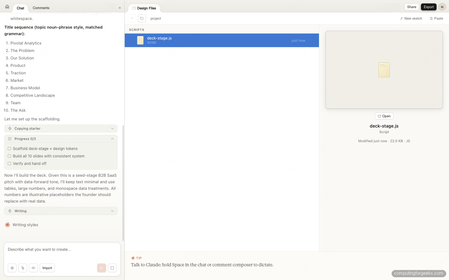 Planejamento de 10 slides + checklist de scaffold