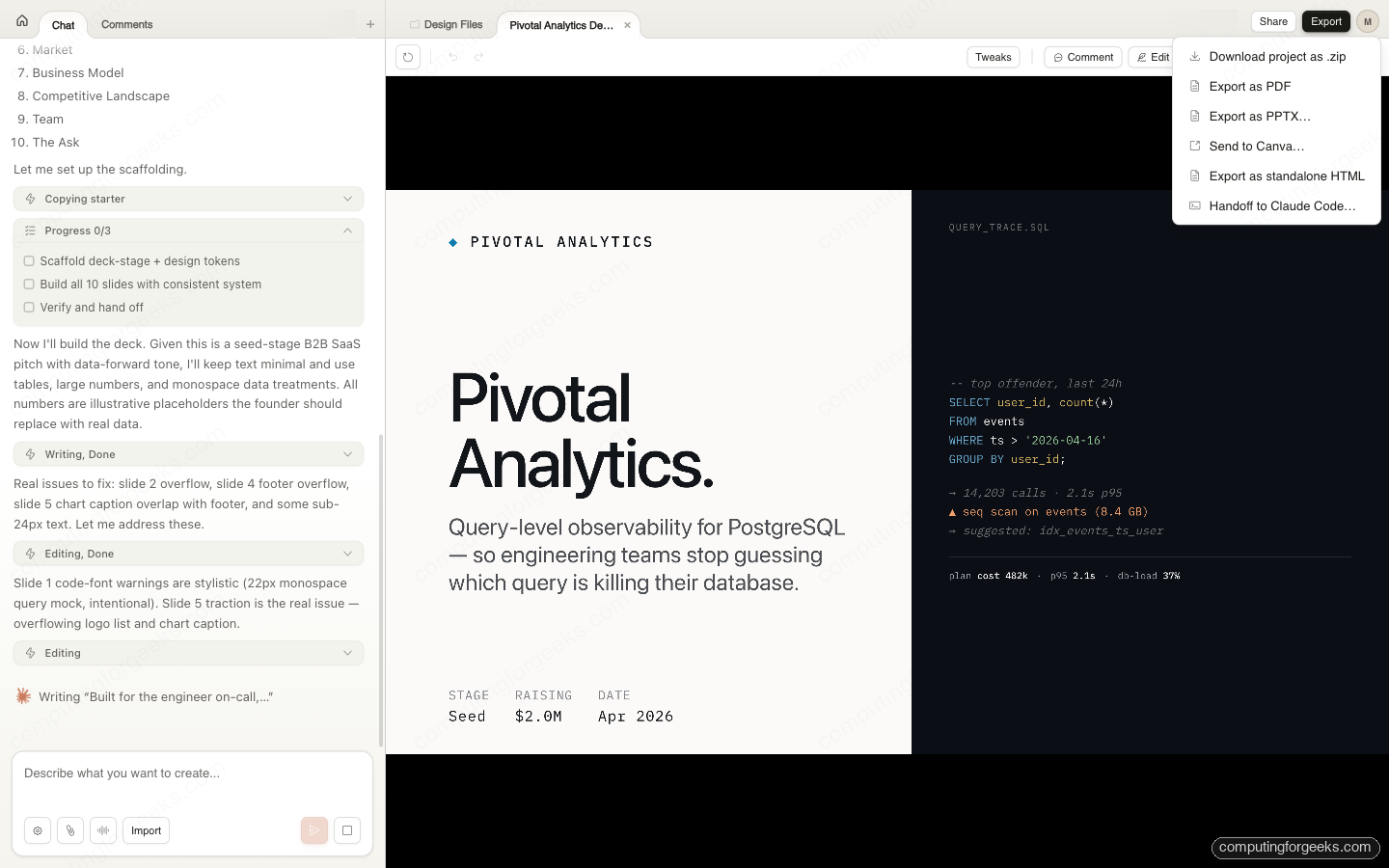 Menu Export com opção Send to Canva