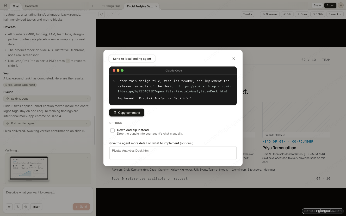 Modal de handoff para Claude Code