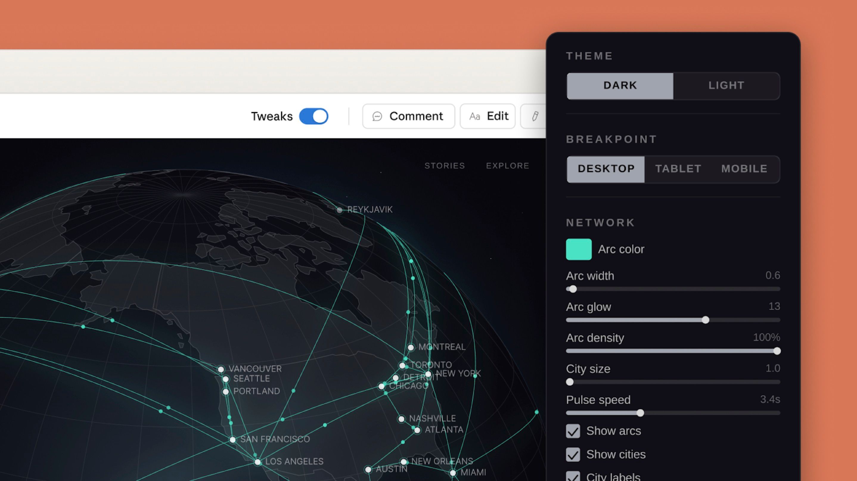 Globo interativo com painel Tweaks