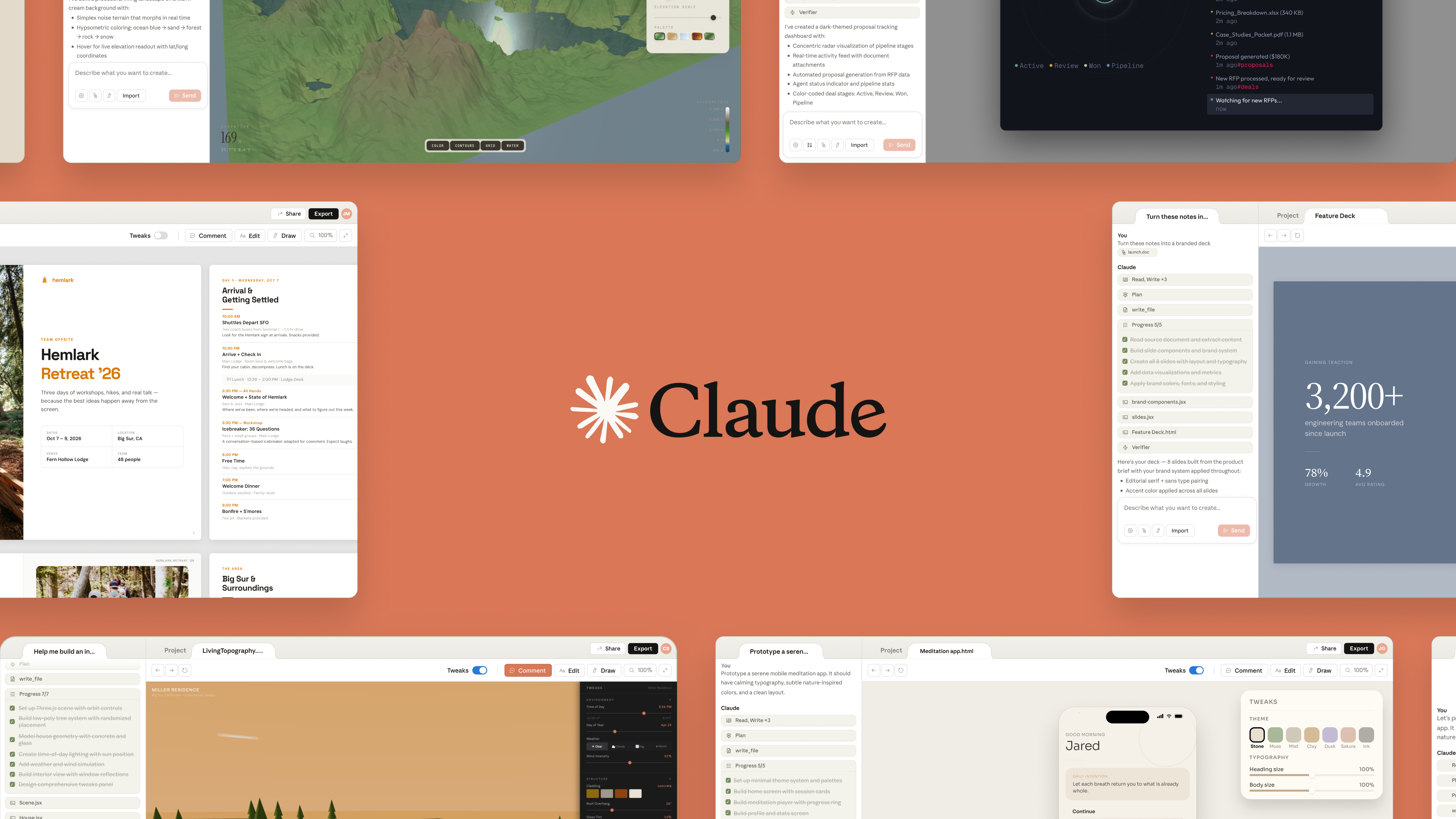 Composição de 6 mockups feitos com Claude Design