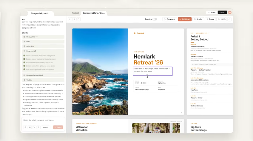 UI completa Claude Design com mockup Hemlark Retreat