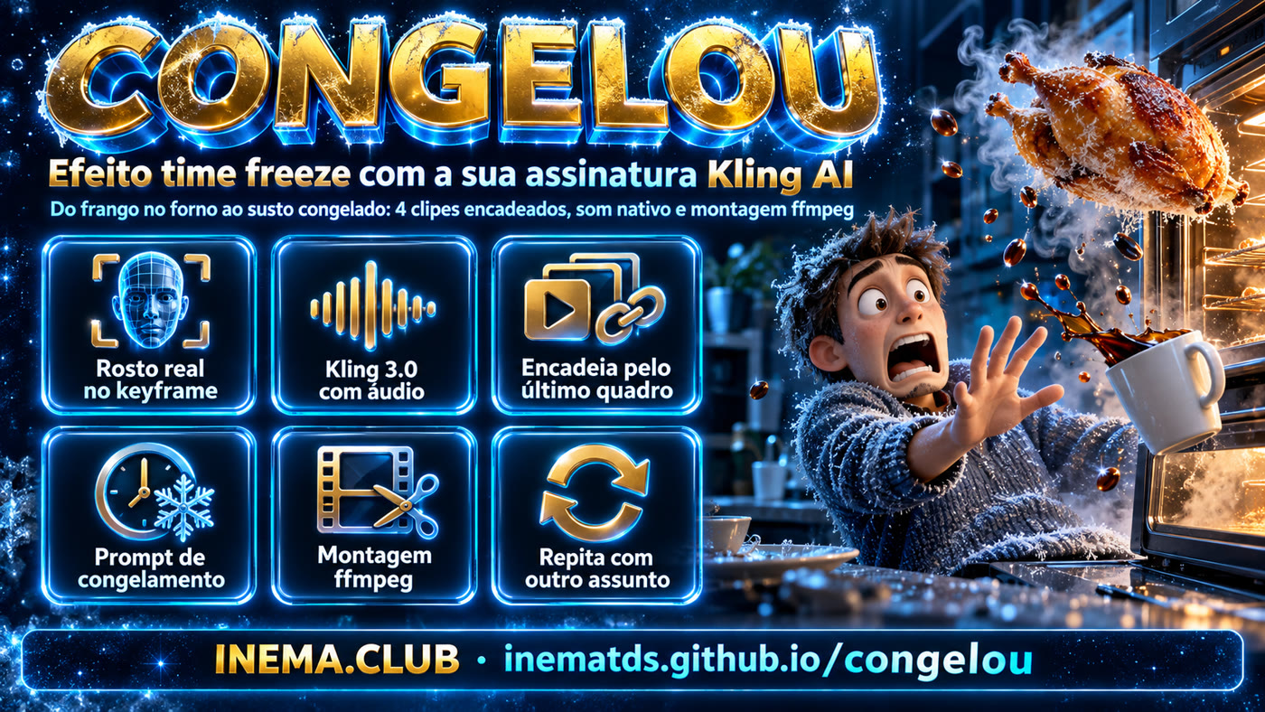 Banner Congelou: homem assustado e frango assado congelado no ar