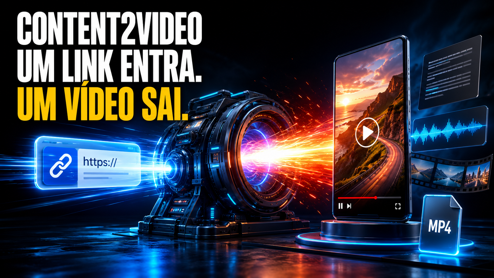 Content2Video: um link entra e um vídeo sai, ilustrado por uma URL sendo transformada em vídeo MP4