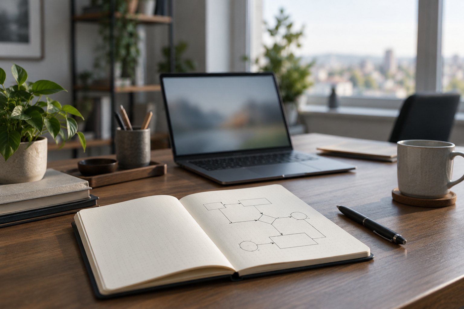 Dark work desk with an open method notebook and a blurred screen in the background.