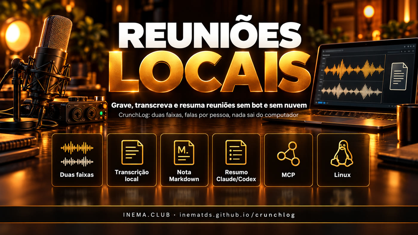 Recursos do CrunchLog: duas faixas, transcrição local, nota Markdown, resumo, MCP e Linux