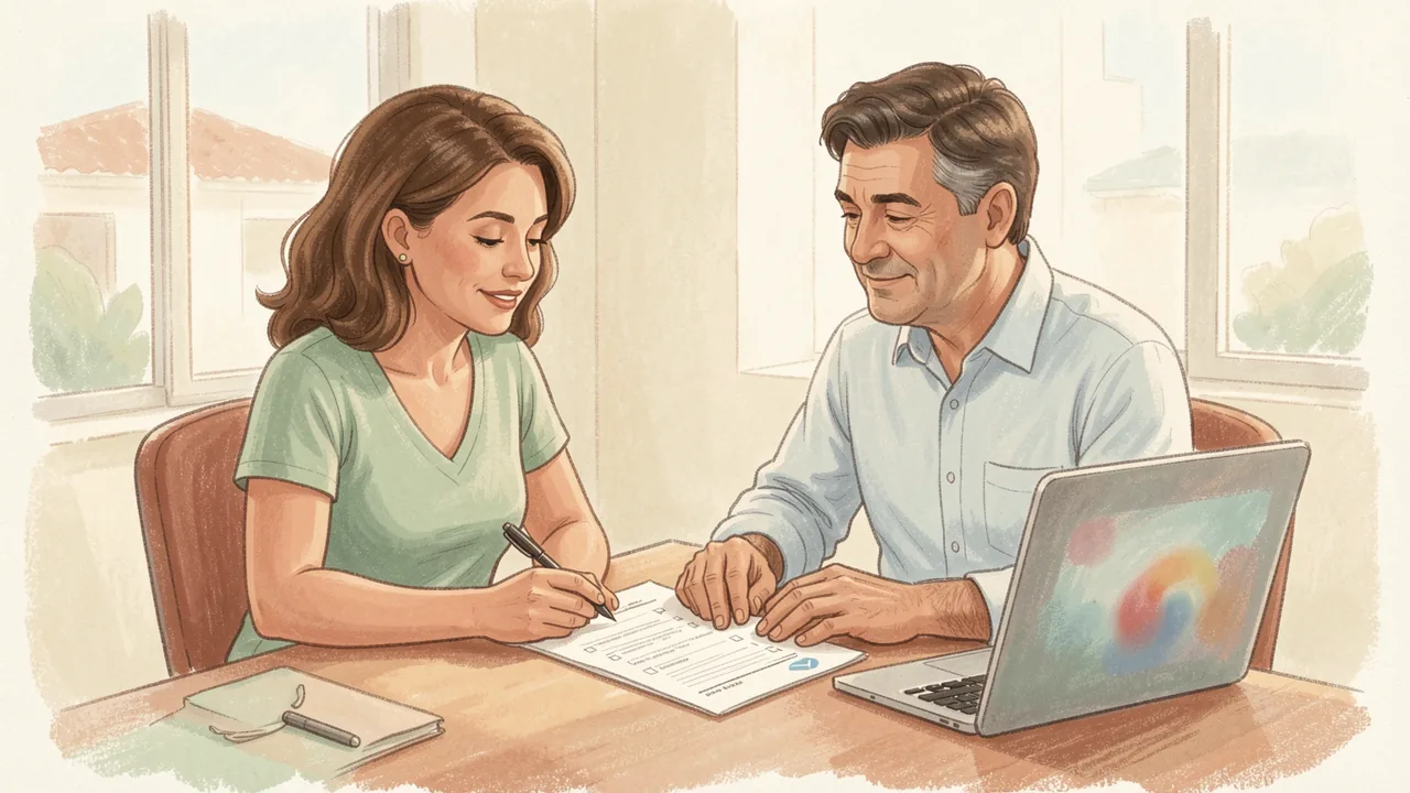 A dona de uma clínica e um contador revisam juntos uma lista impressa, com uma caneta, ao lado de um notebook aberto.