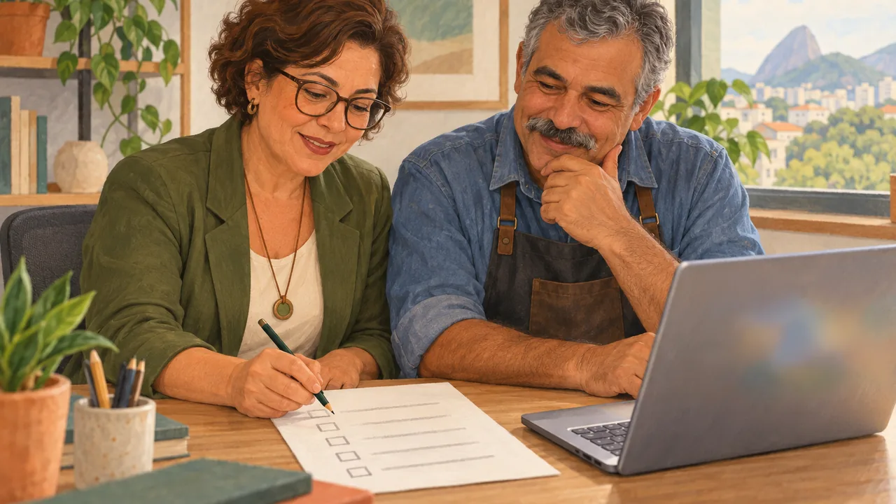 Uma consultora de RH e um dono de loja de materiais de construção, lado a lado diante de um notebook numa mesa de escritório, conferindo juntos uma lista de tarefas no papel.