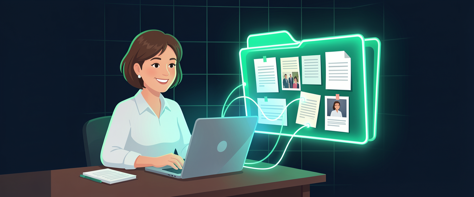 Miniatura da Trilha 1: uma pasta luminosa ligada ao computador, o projeto que guarda o contexto do trabalho.
