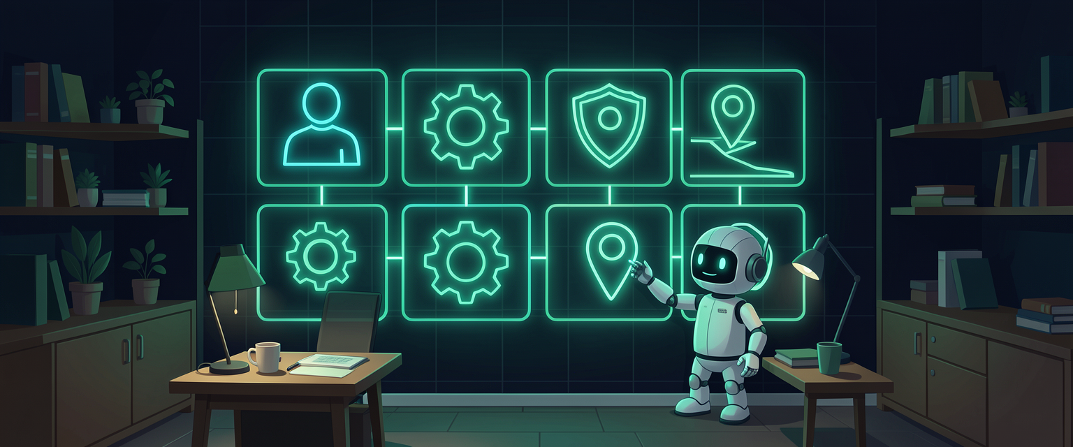 Ilustração: na porta de entrada de um escritório há um quadro de regras pendurado, e um assistente o lê antes de começar o dia. O quadro é o AGENTS.md: as regras que o Codex lê antes de qualquer pedido.