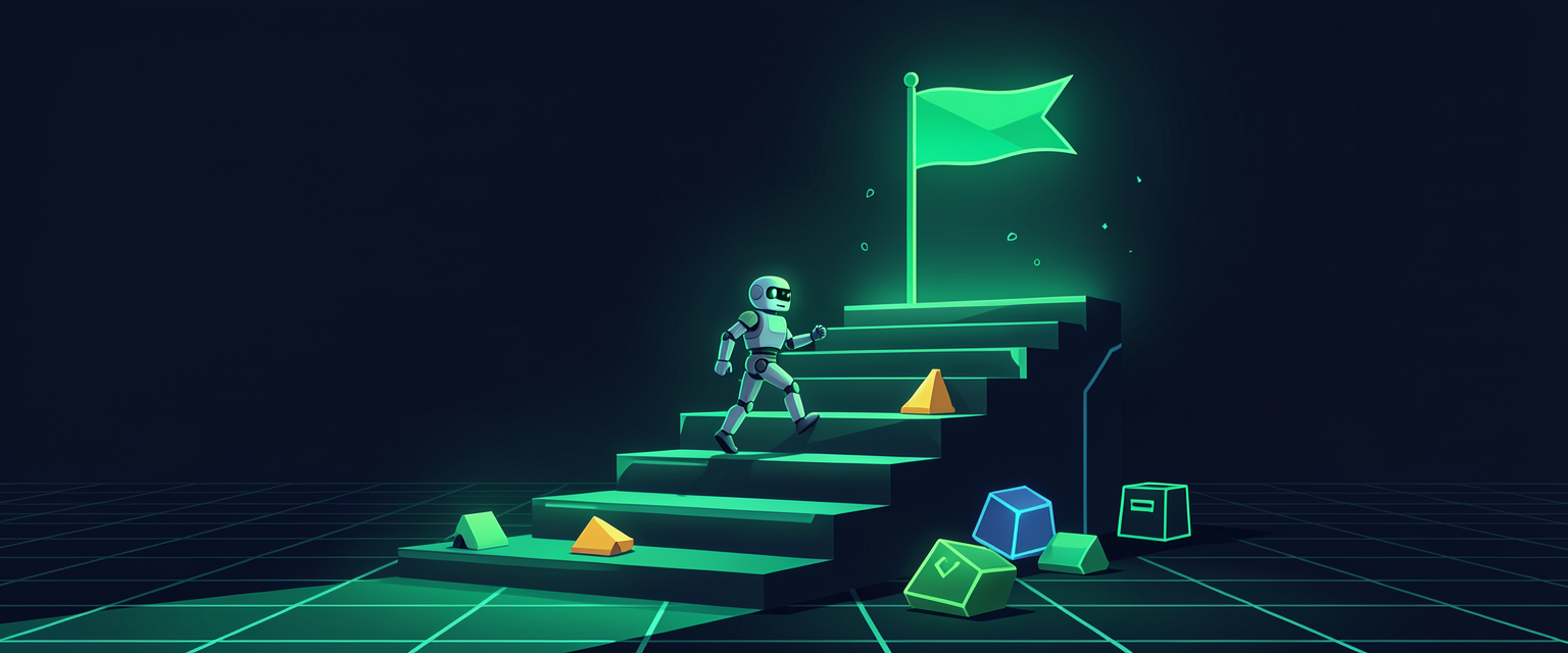 Ilustração: uma escada de degraus luminosos subindo até uma bandeira no alto, com marcas de tentativa e ajuste no caminho.