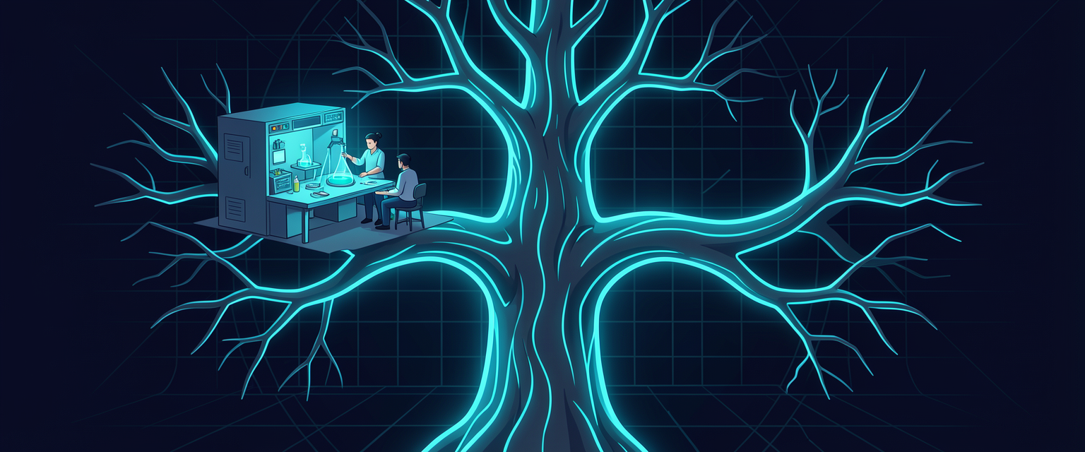Ilustração: uma pasta original fica protegida numa bancada enquanto, ao lado, uma cópia idêntica e luminosa é usada para um teste. Uma linha de luz liga a cópia de volta à original. A cena mostra a ideia da worktree: testar na cópia e só juntar o que deu certo.