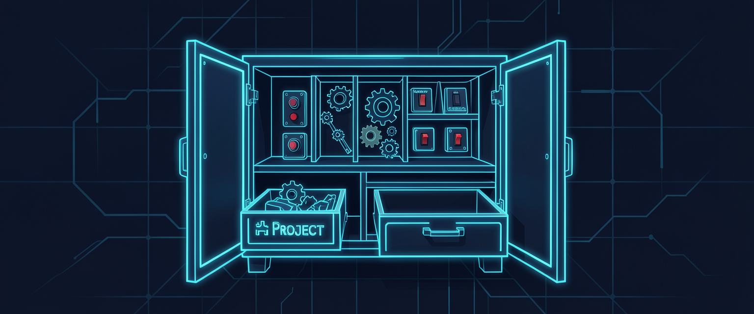 Ilustração: um painel de controle com engrenagens e chaves luminosas ao lado de duas pastas, uma pequena dentro de um projeto e uma maior que cobre todos os projetos. A cena mostra que as configurações do Codex ficam em dois níveis: as do projeto e as do usuário.