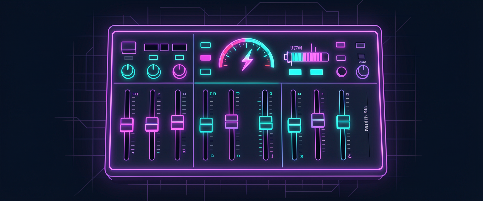 Ilustração: uma mesa de som futurista com controles deslizantes de esforço, do baixo ao máximo, e um botão separado de modo rápido. A cena ensina que você regula quanto o agente pensa e quanto de cota aceita gastar.