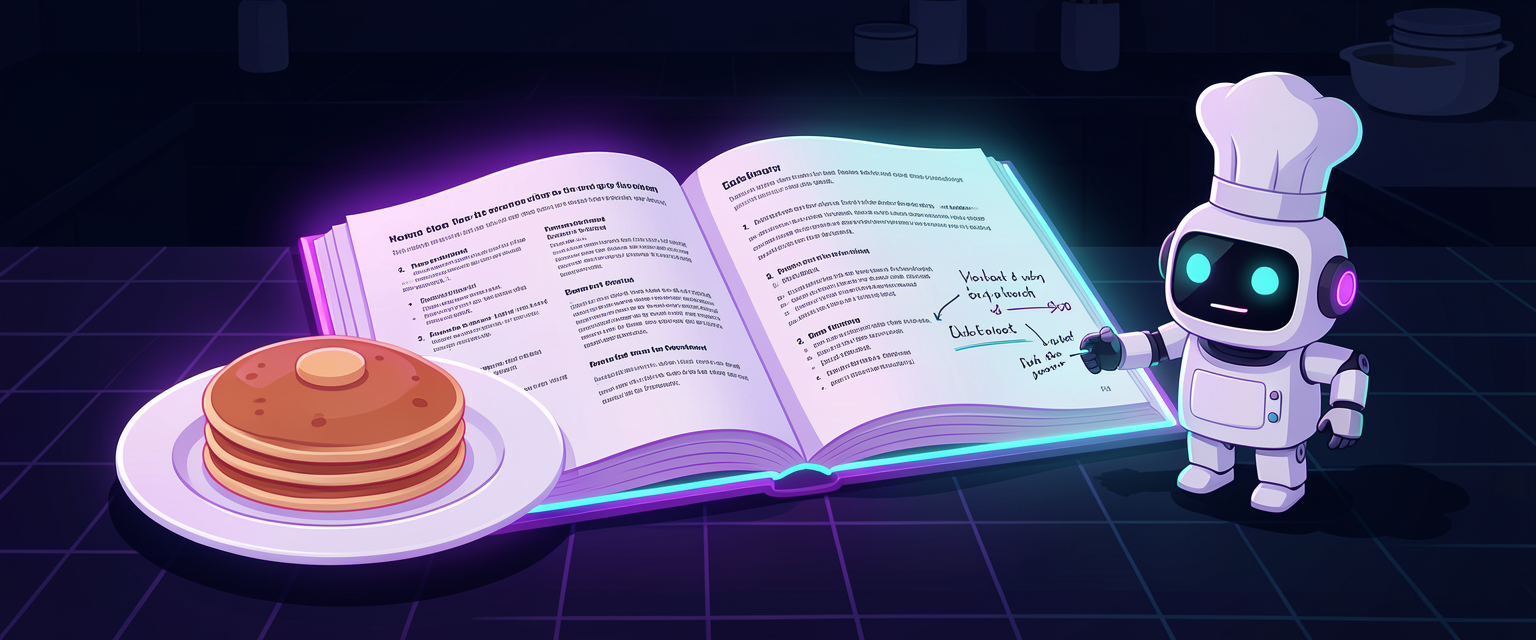 Ilustração: um livro de receitas aberto com cartões de passos, e uma frigideira ao lado com uma panqueca no ponto.