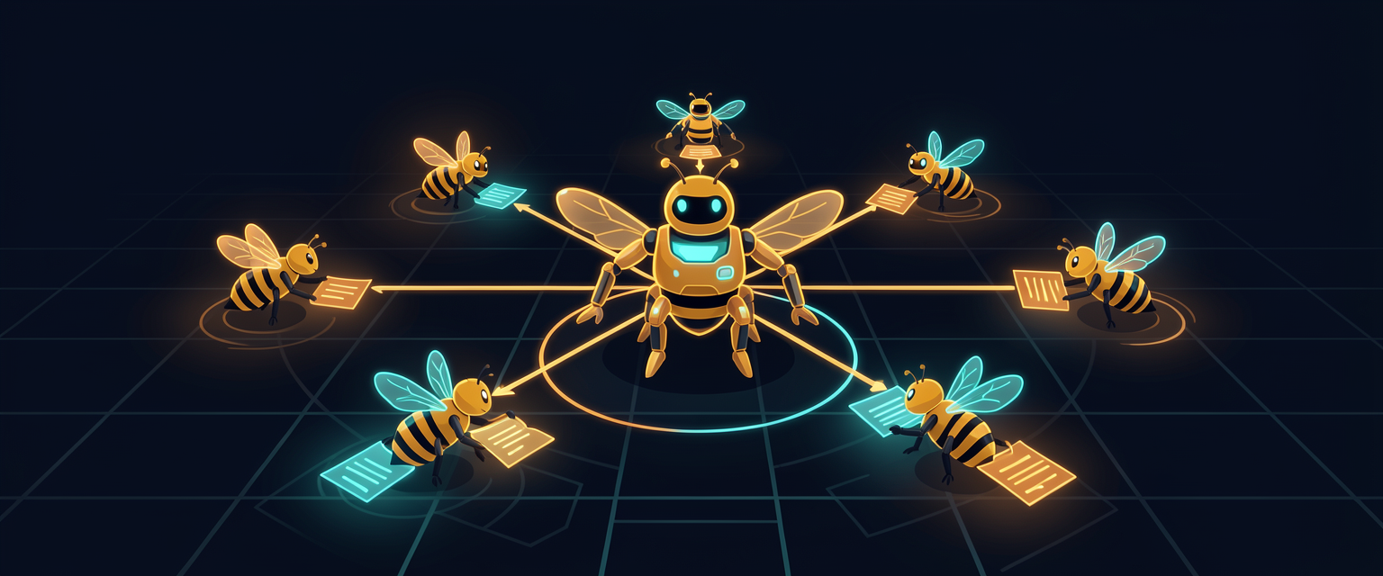Ilustração: um agente central luminoso distribui tarefas para vários pequenos ajudantes coloridos, como abelhas saindo de uma colmeia, e cada um volta com um pedaço do resultado. O trabalho é dividido, feito em paralelo e juntado no centro.