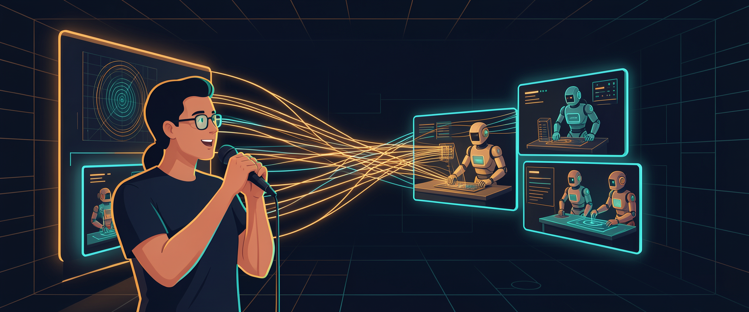 Ilustração: um microfone luminoso no centro com ondas de som que se ligam a várias janelas de conversa e tarefas ao redor.