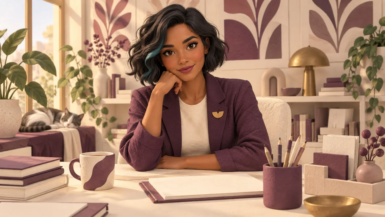 Lia Lume, personagem adulta virtual, em um estúdio ilustrado.
