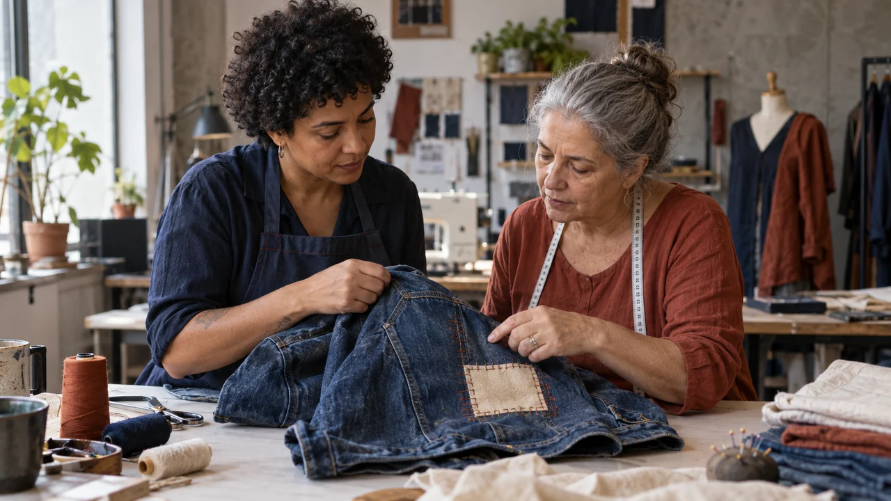 Designer e costureira examinam um reparo aparente.