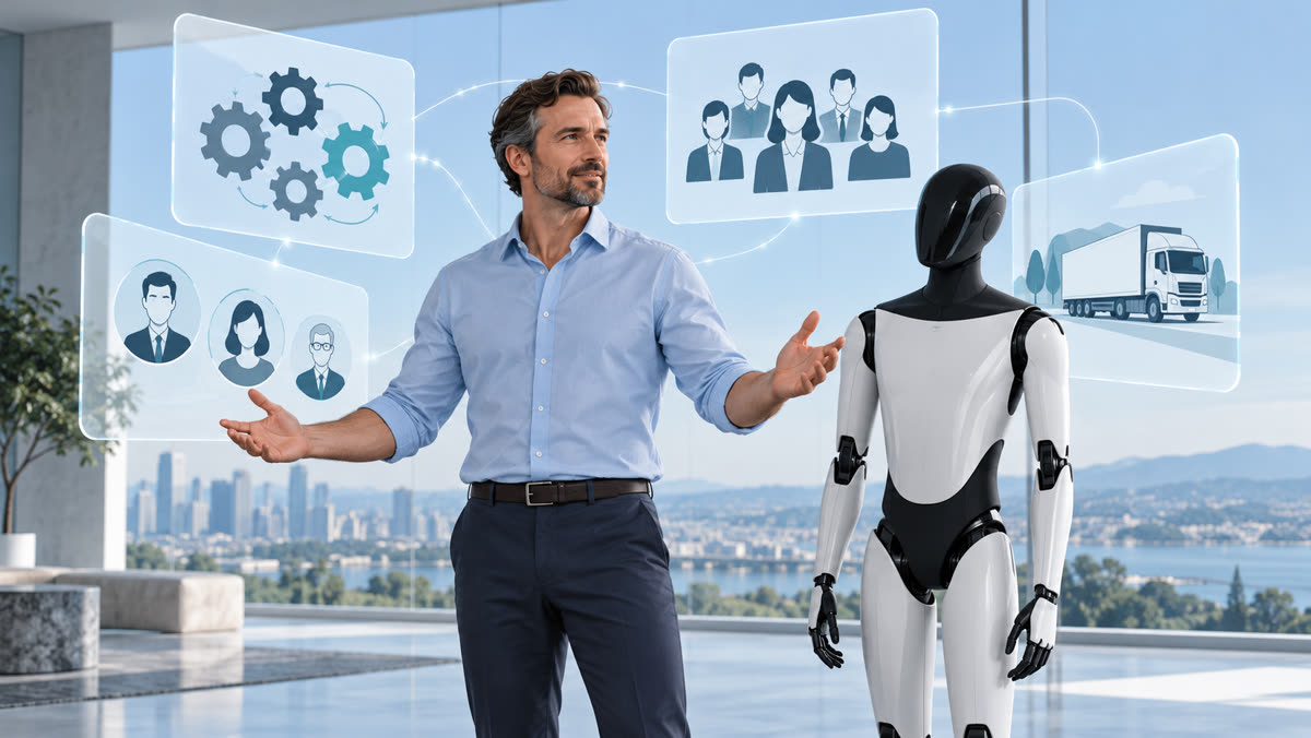 Gestor cercado por ícones de processos, clientes, fornecedores e equipe, com um robô ao lado esperando instruções