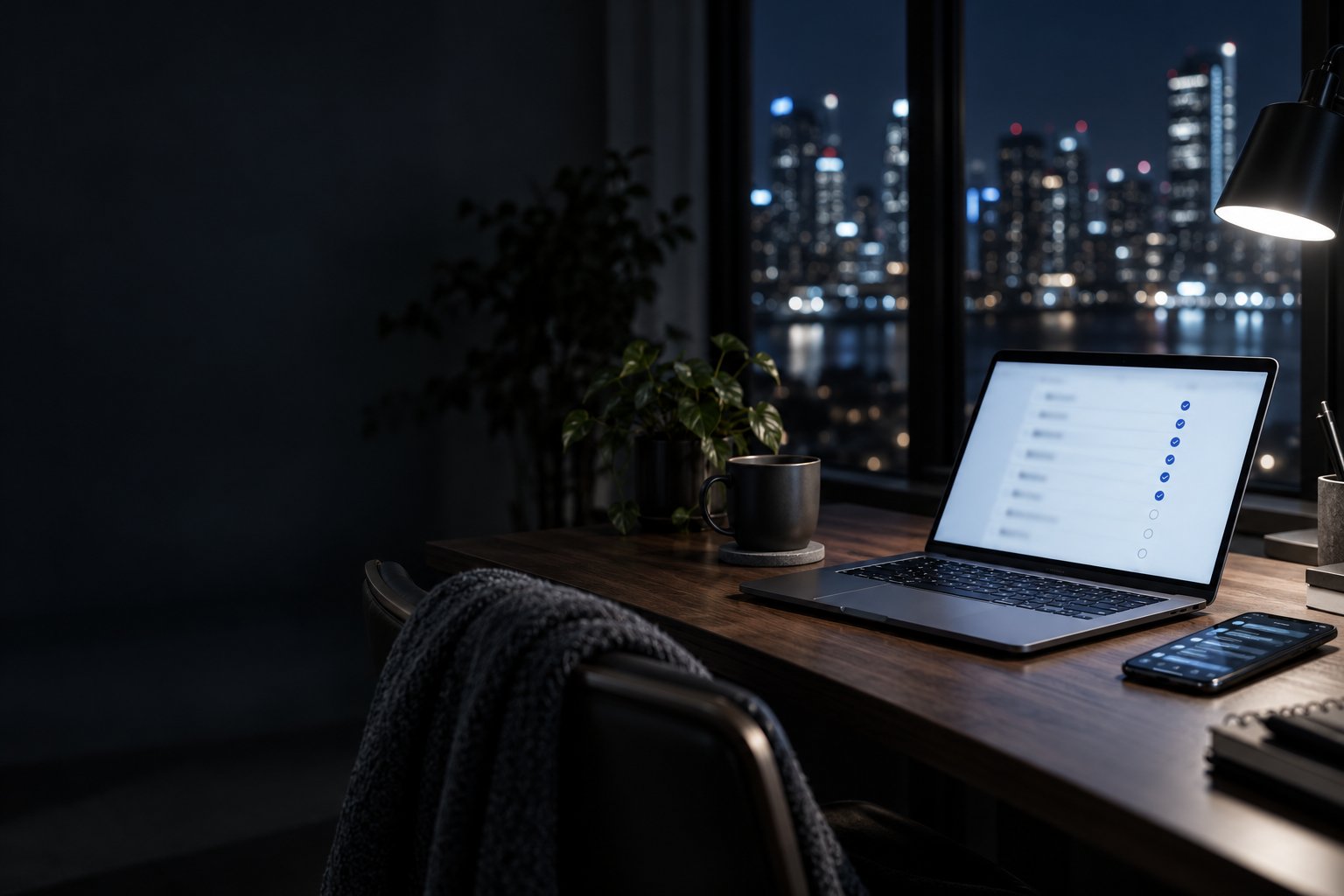 Escritório à noite com notebook mostrando uma lista de tarefas concluídas e o celular ao lado.