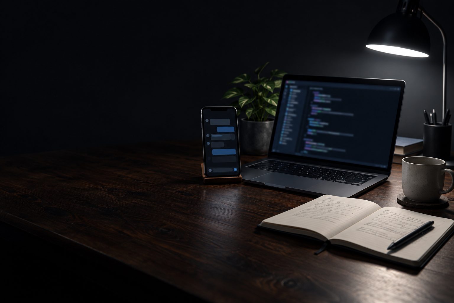 Mesa escura com celular aberto numa conversa, notebook com terminal e caderno: o assistente pessoal construído por você.