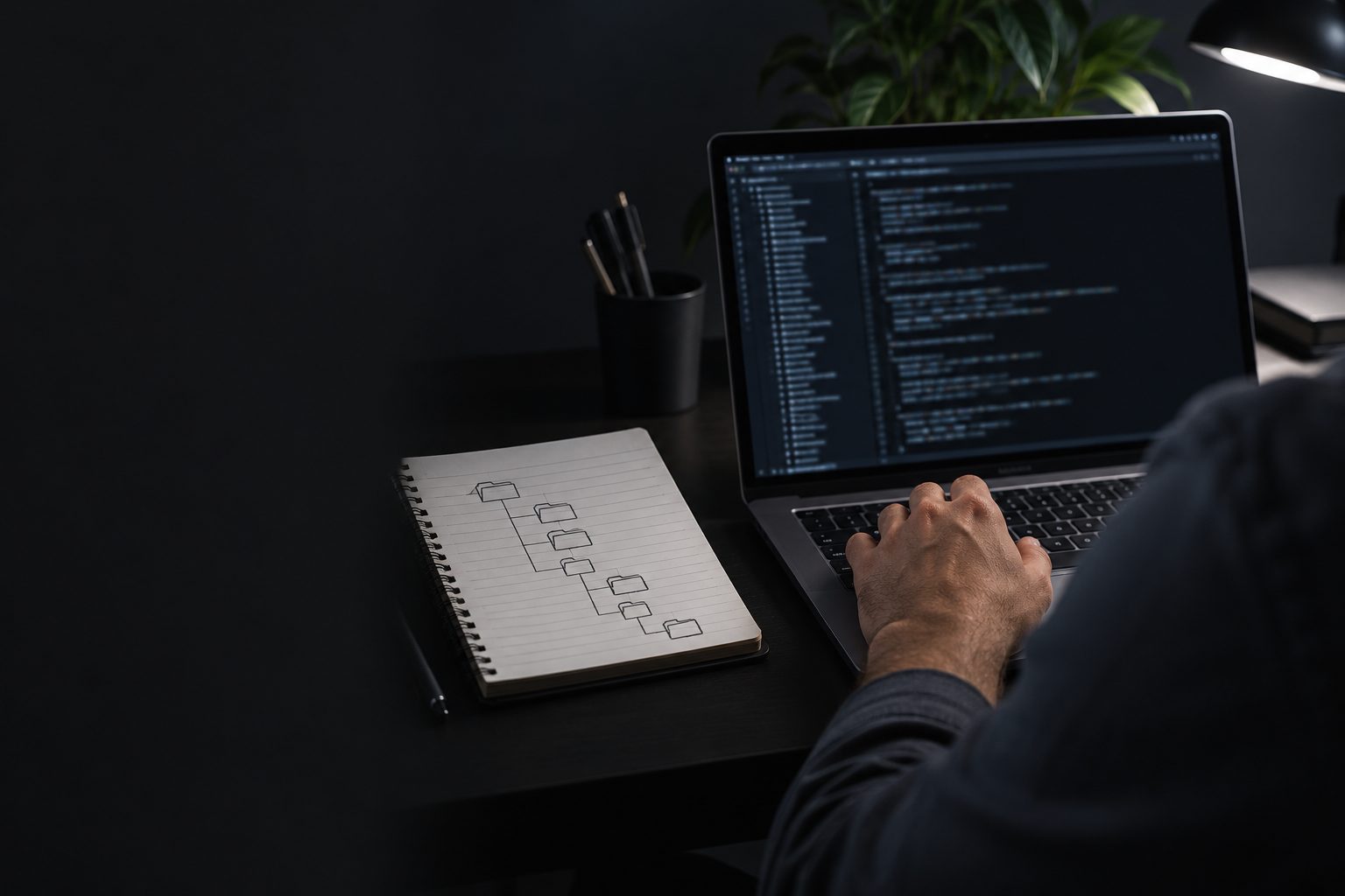 Notebook com o terminal aberto ao lado de um caderno com a árvore de pastas desenhada à mão.