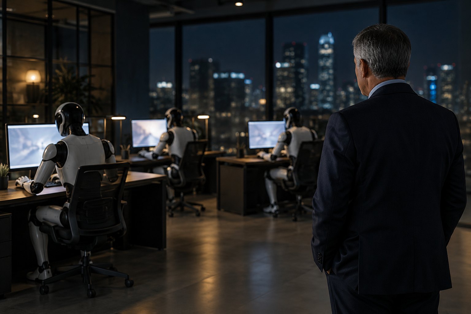 Dark office at night: a gray-haired manager watches humanoid robots working at separate desks.